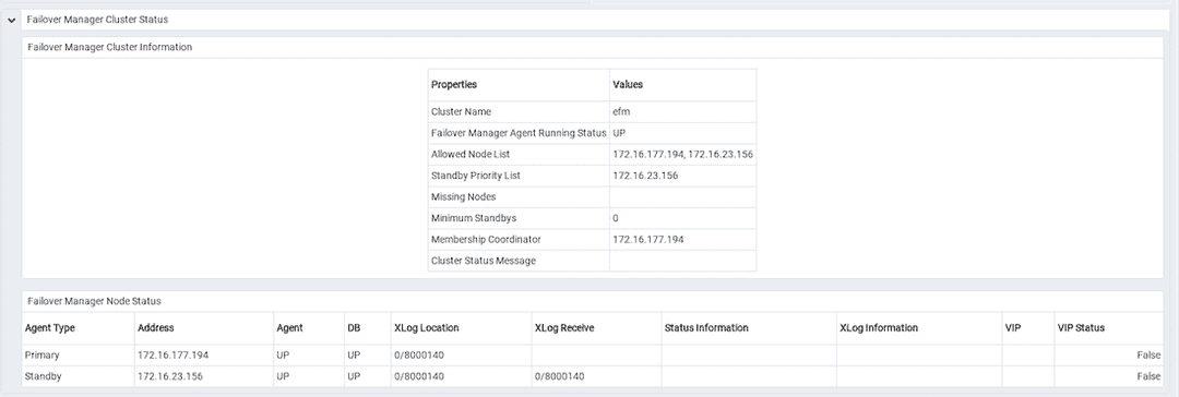 The Failover Manager cluster status report